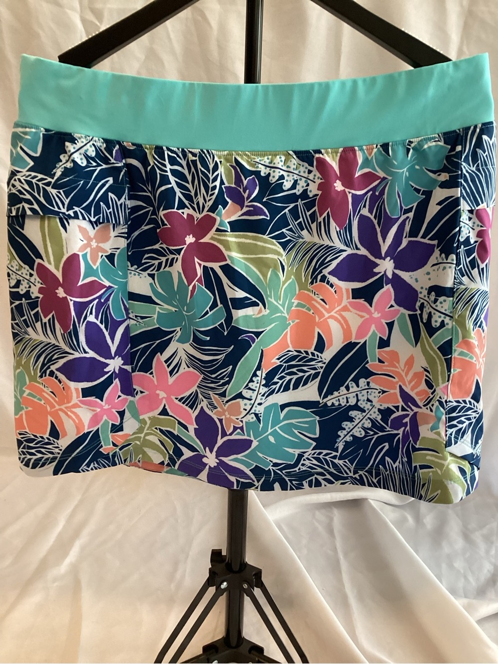 Reel Legends Aqua Athletic Skort with Navy Floral Trim